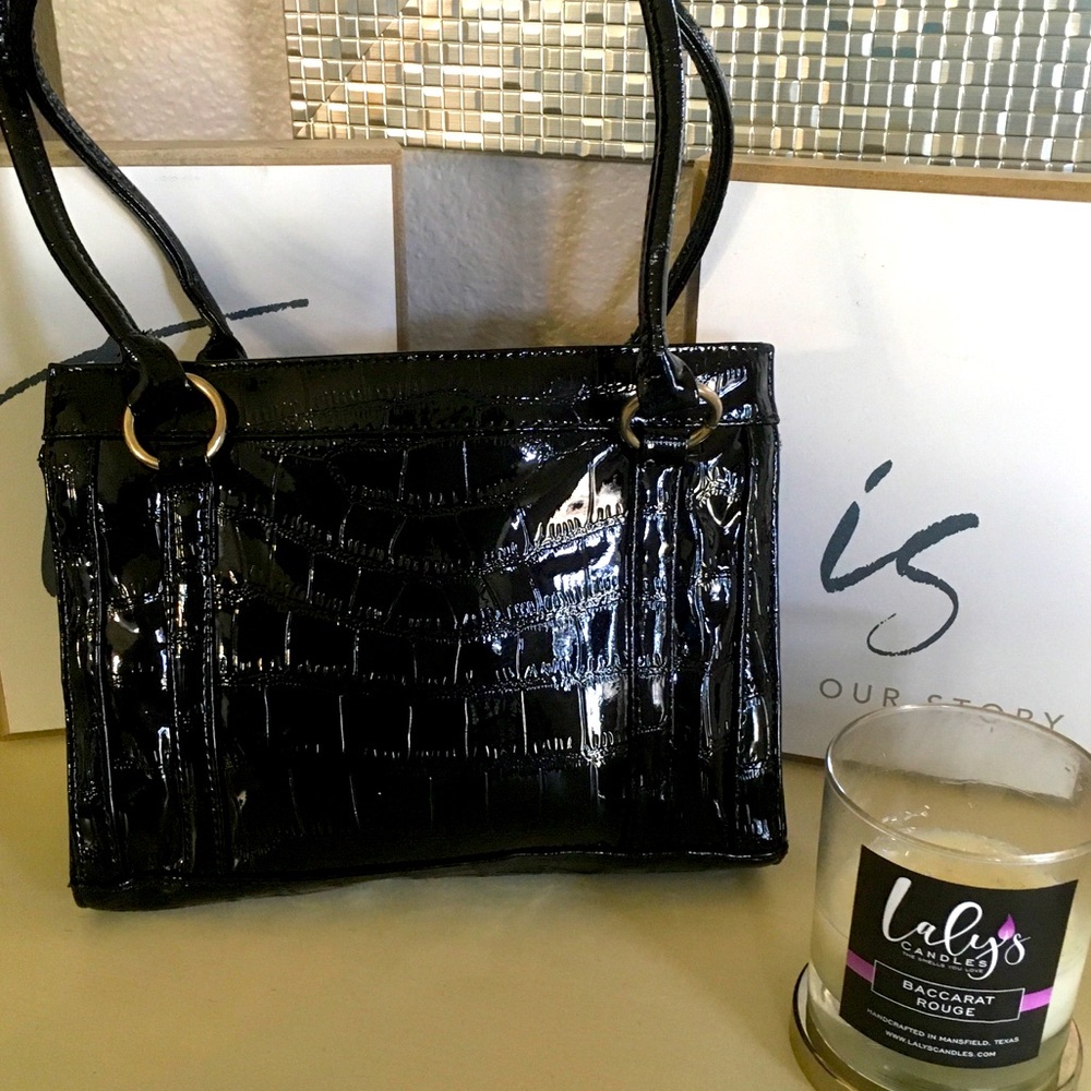 Black Croc Embossed Patent Leather Handbag
